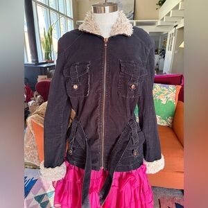 Twill 22 - Blue Black stretch corduroy shearling  collar, sleeves + zipJacket